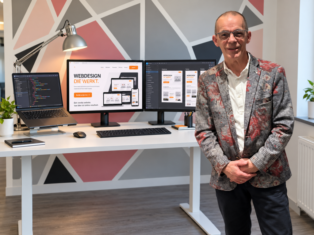 Dick van Verseveld naast zijn bureau met webdesign op de beeldschermen